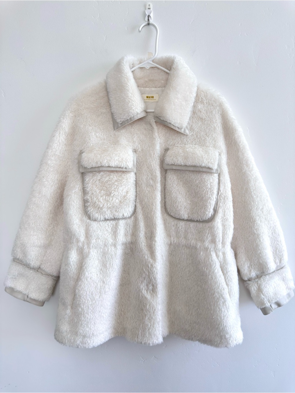 Anthropologie Maeve Cinched Faux Fur Coat Ivory Cream Size M Cozy Après Ski